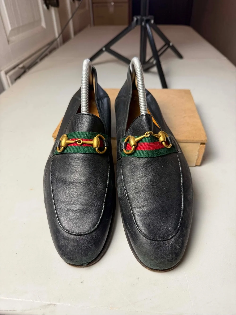Gucci Brixton Black Leather Horsebit Web Loafers 6.5 UK / 7.5 US